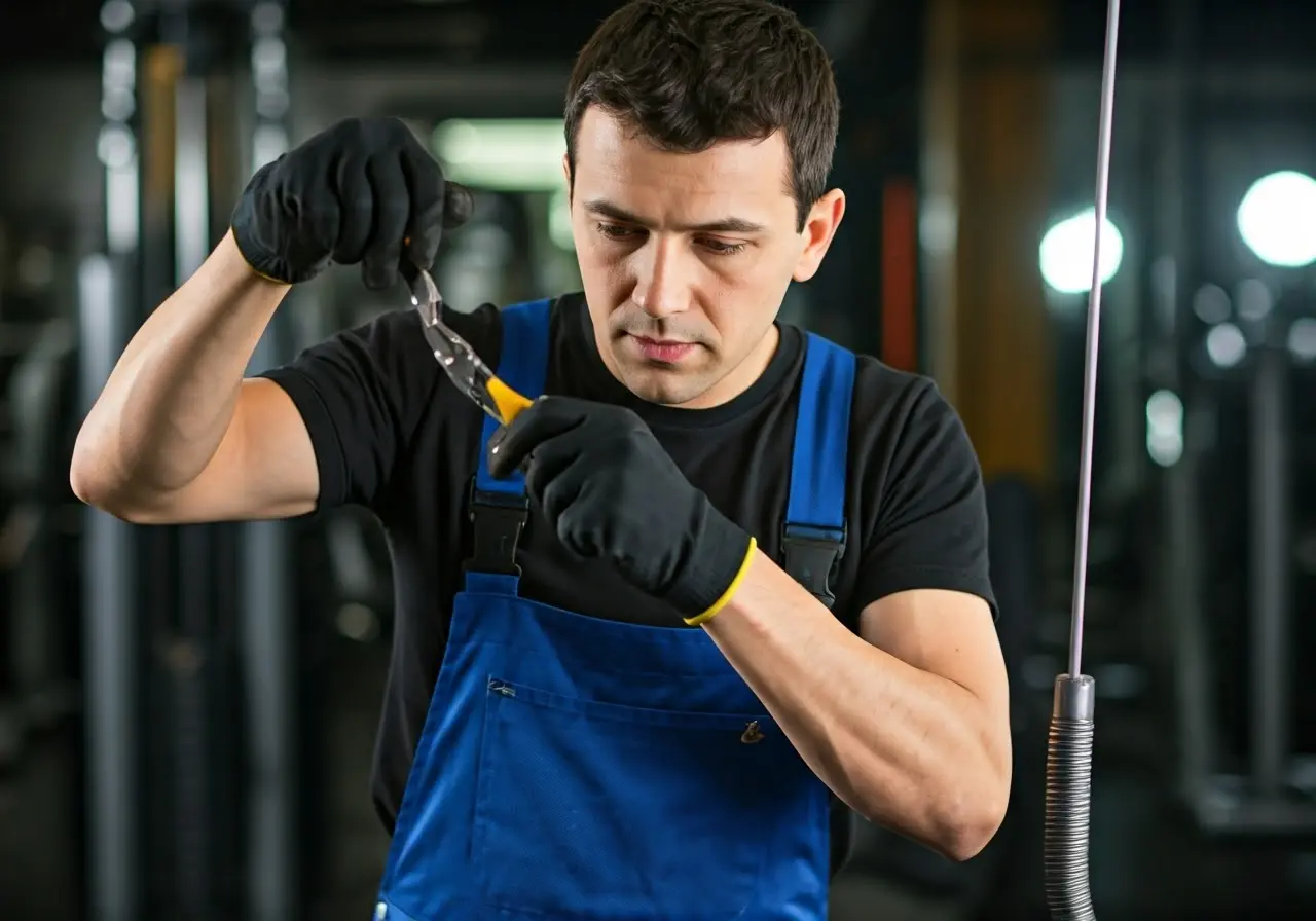 A mechanic repairing gym equipment cables with tools in hand. 35mm stock photo