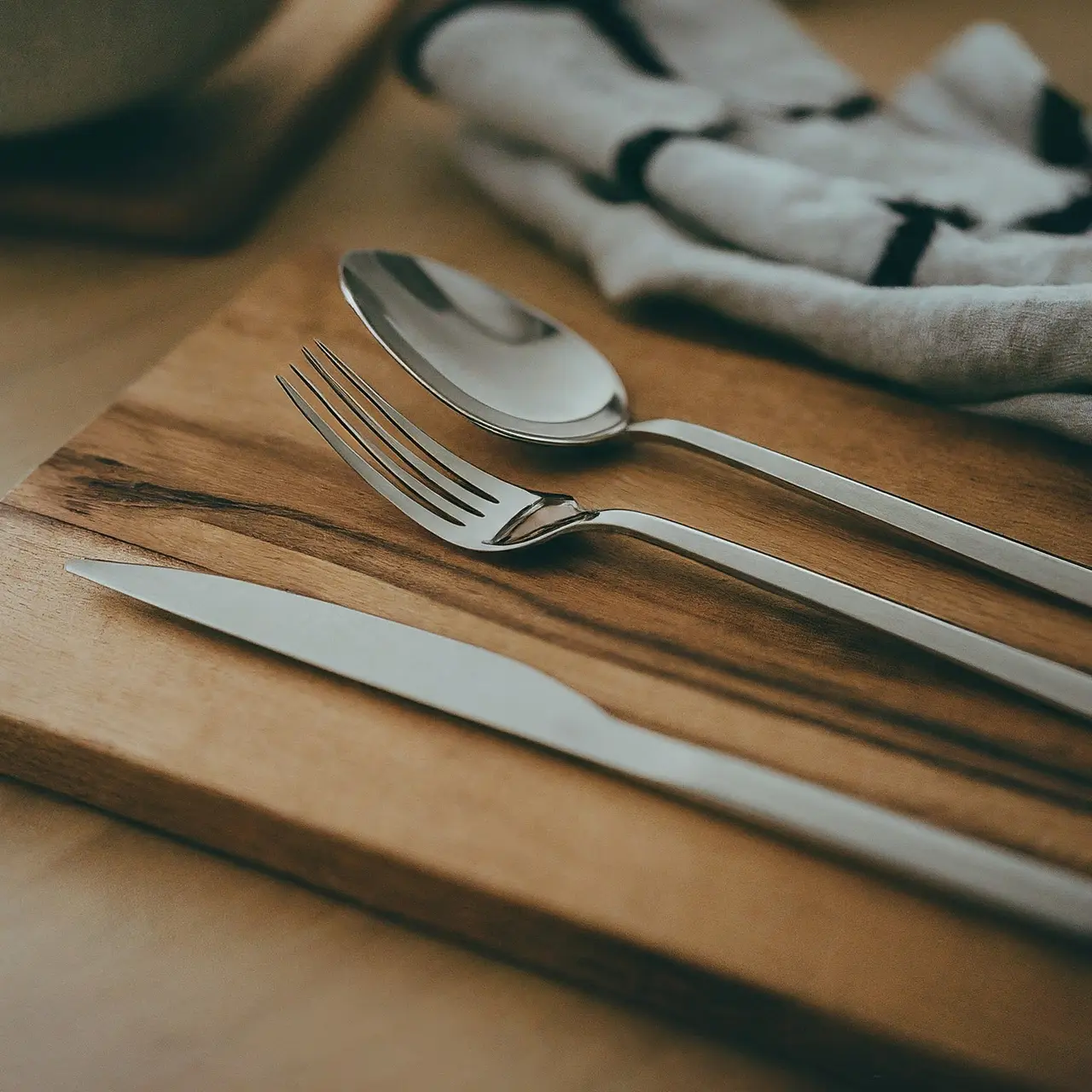 Close-up of elegant cutlery on a wooden kitchen countertop. 35mm stock photo