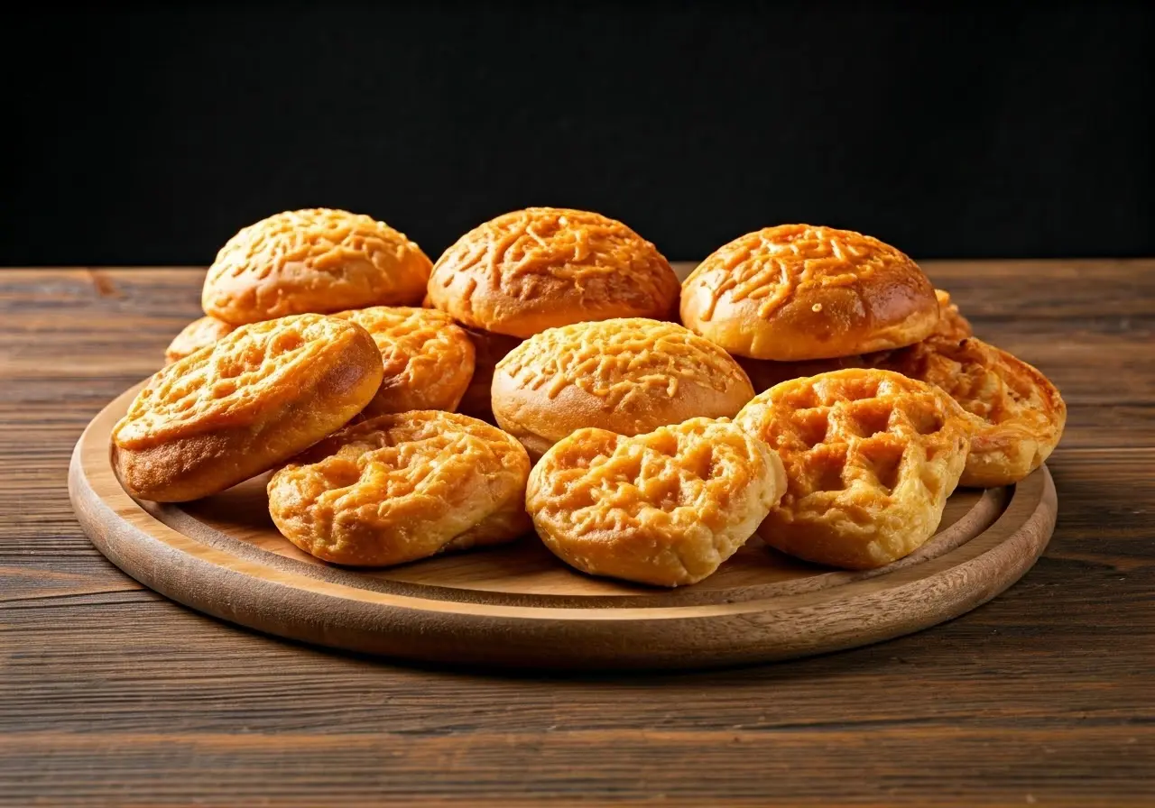 A variety of cheese-topped croffles on a wooden table. 35mm stock photo