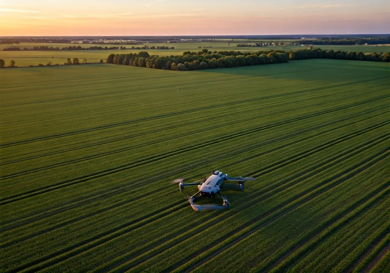 Aerial view of a DJI Mavic 3M drone over farmland. 35mm stock photo