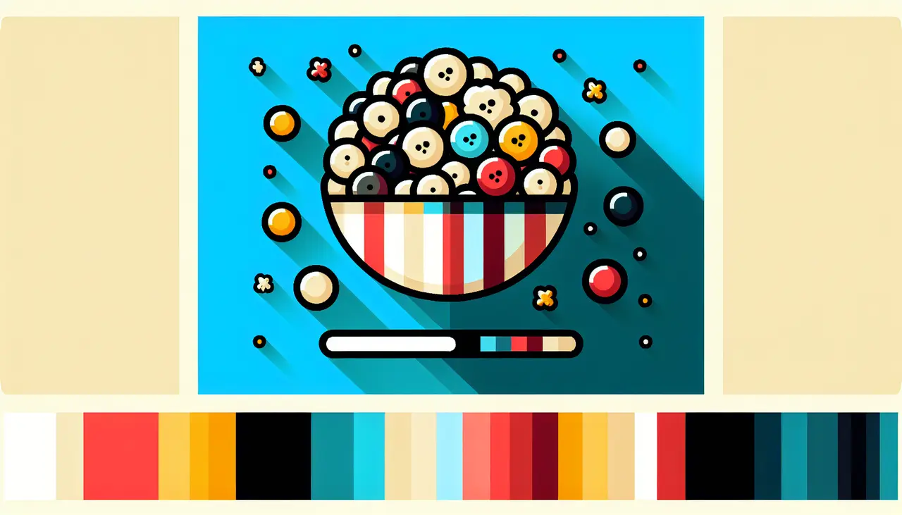 Draw a graphic in flat design style. A colorful bowl of assorted gourmet popcorn flavors with a striped background.