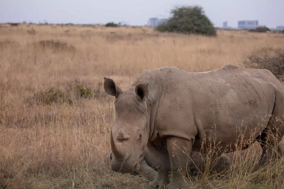 A black rhino in the savannah with city skyline visible in the background.