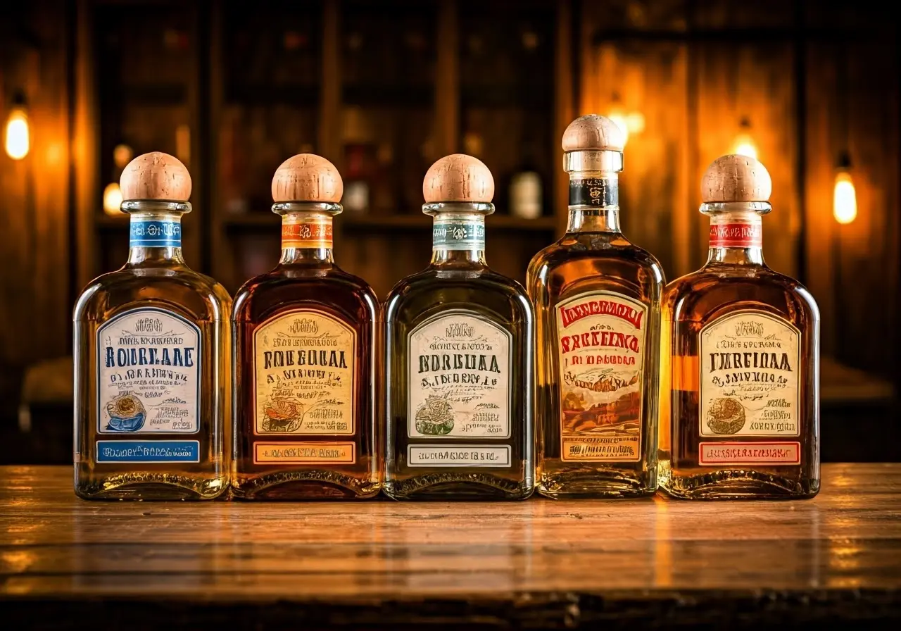 A selection of colorful tequila bottles on a rustic bar. 35mm stock photo