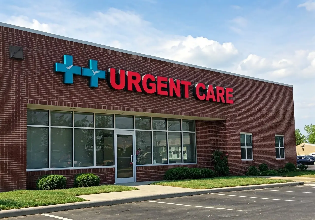 A medical clinic exterior with a prominent Urgent Care sign. 35mm stock photo