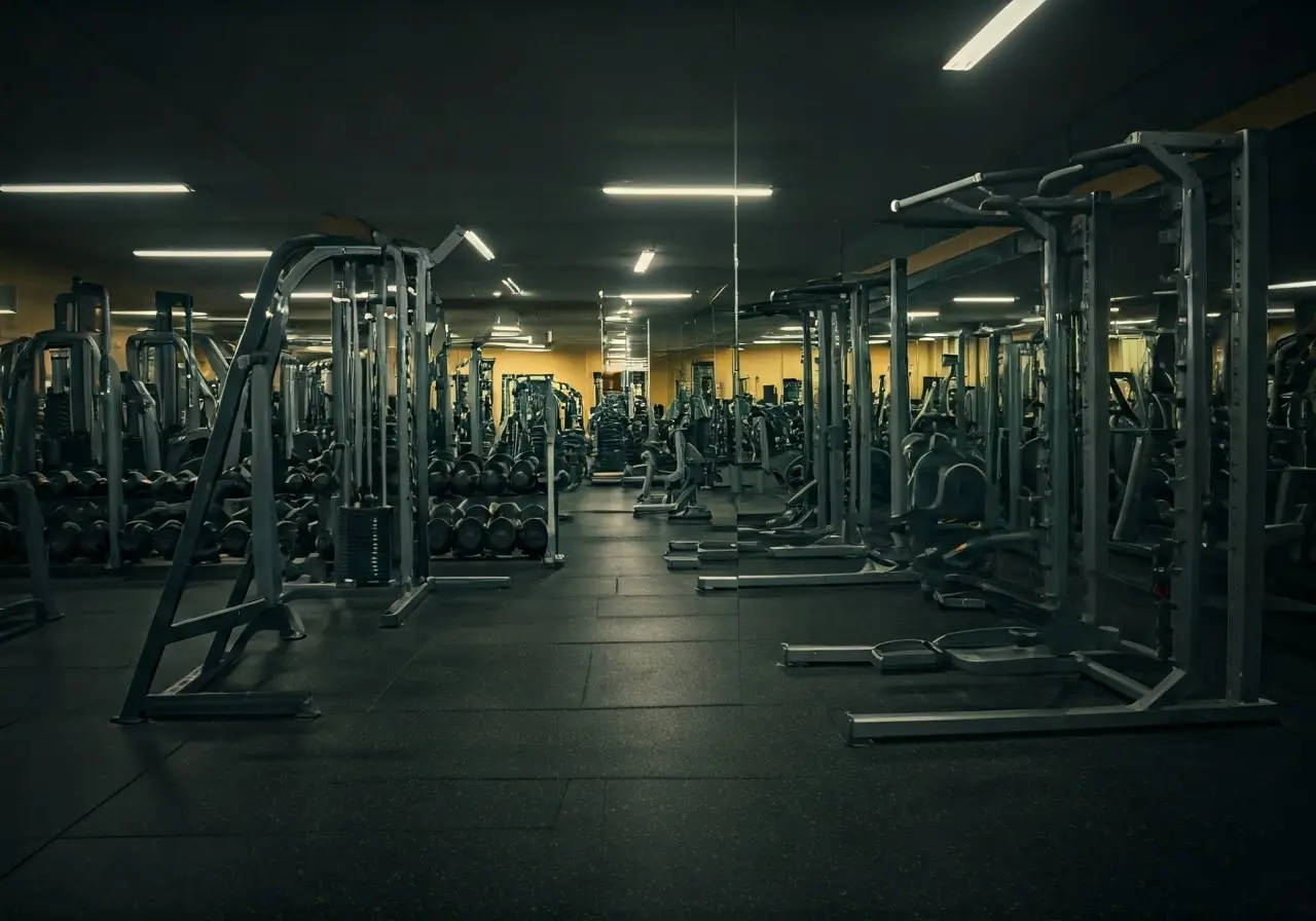 A well-organized gym with clearly labeled maintenance instructions. 35mm stock photo