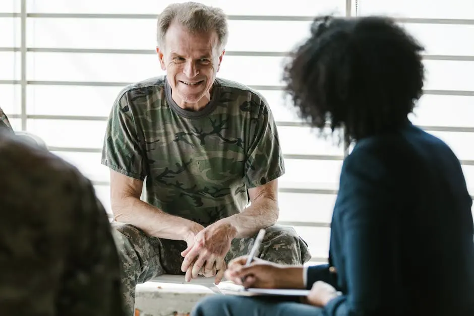 A military veteran engaging in a supportive group therapy session, focusing on mental health.