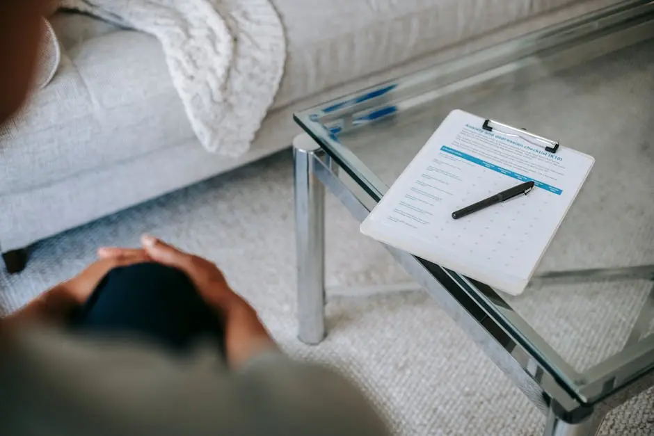 A therapy session setup with a clipboard and anxiety assessment form on a glass table.