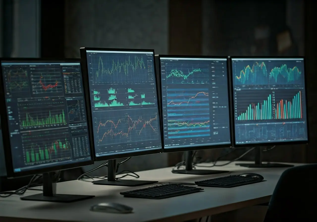 A modern office with multiple computer screens displaying graphs. 35mm stock photo