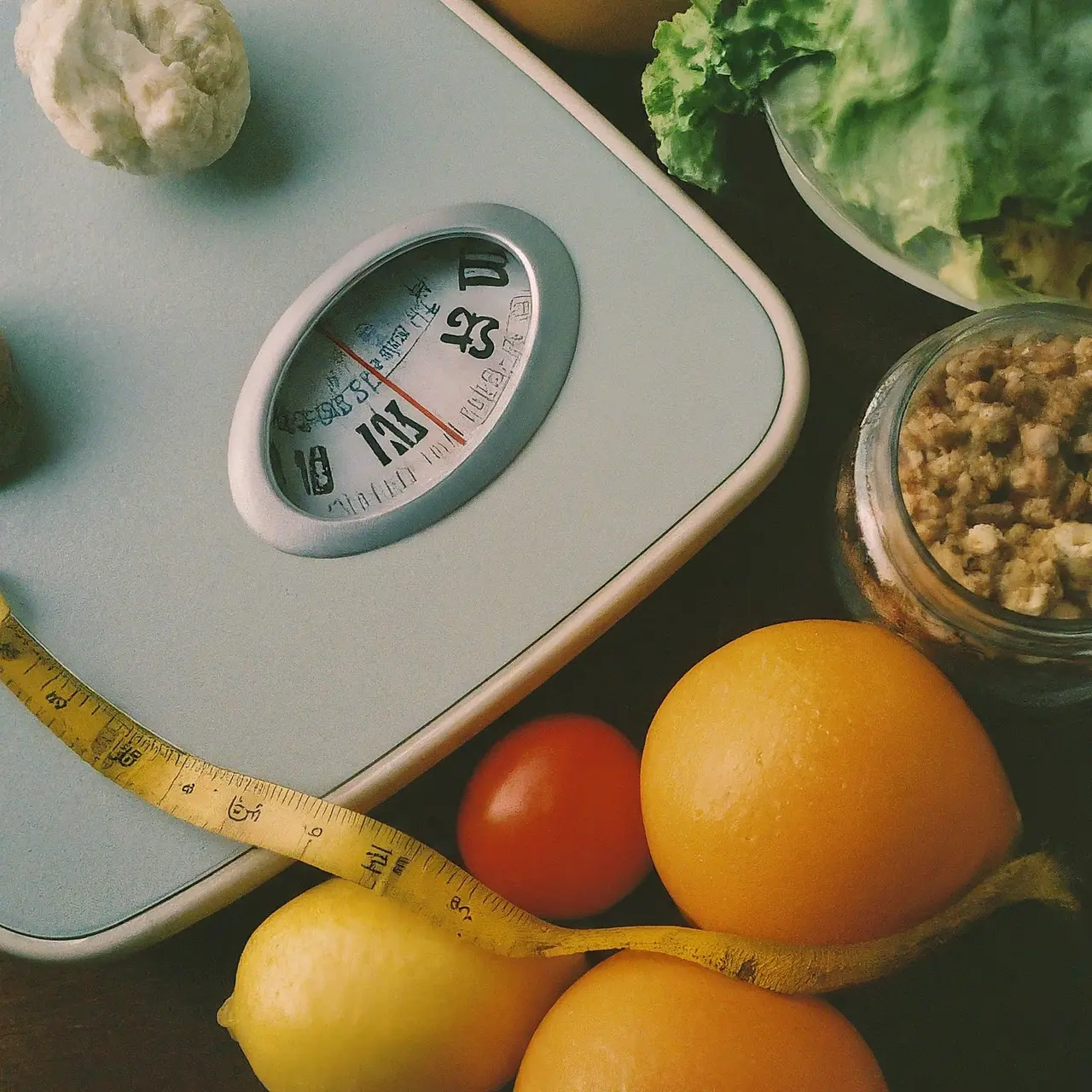 A scale and measuring tape next to healthy food items. 35mm stock photo