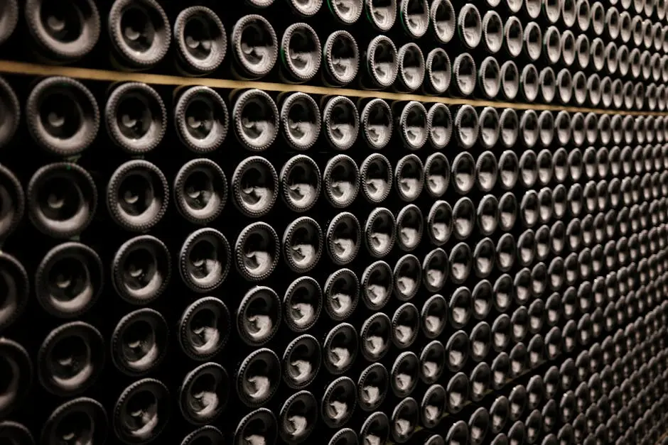 Close-up of Wine Bottles Lying in Rows in a Wine Cellar