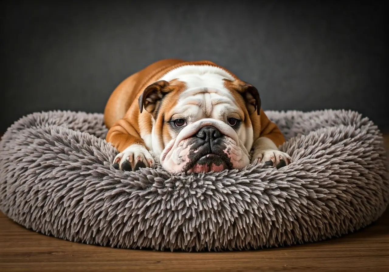 An English Bulldog lying on a plush dog bed. 35mm stock photo