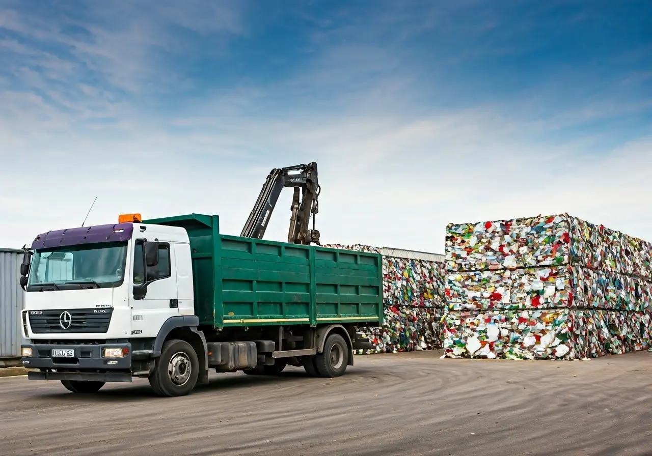 A truck unloading recyclables at a green waste management facility. 35mm stock photo