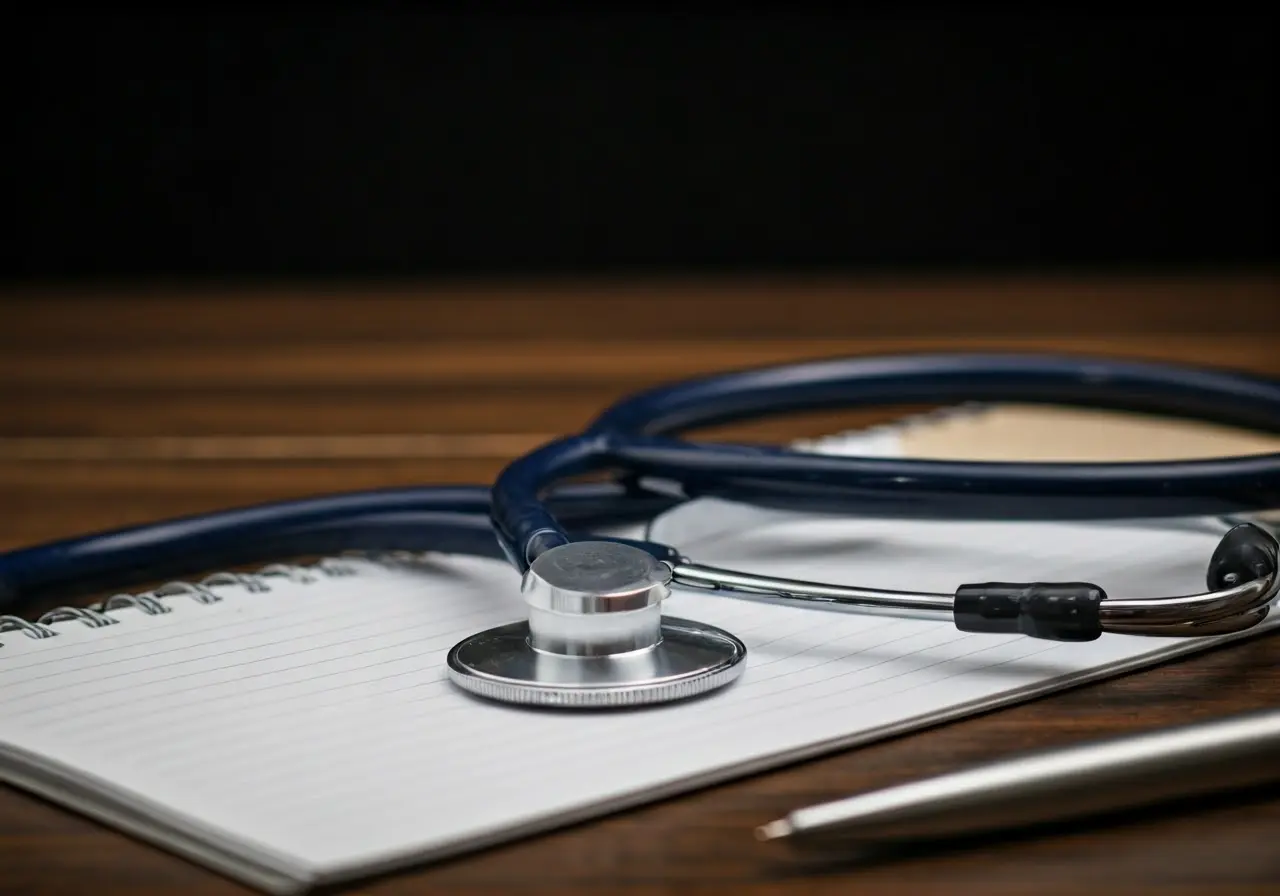 A stethoscope lying next to a notebook and pen. 35mm stock photo