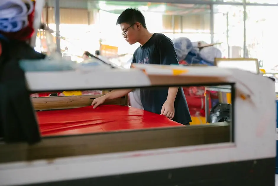 A man is working on a machine that is cutting fabric