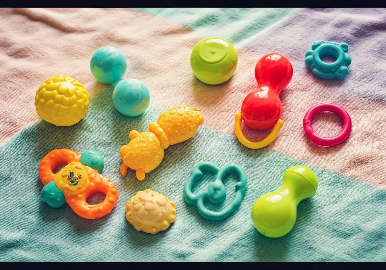 Colorful baby toys arranged neatly on a soft pastel blanket. 35mm stock photo