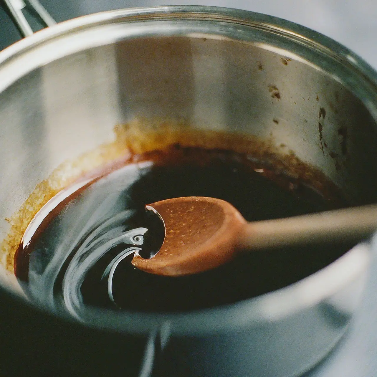 A saucepan with simmering balsamic vinegar reduction. 35mm stock photo