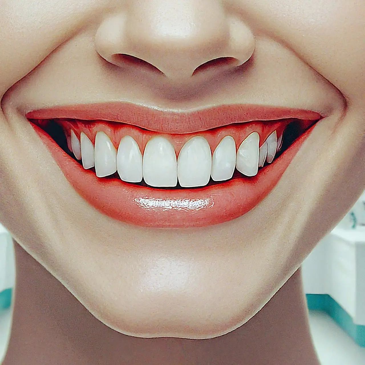 A bright smile with perfect teeth against a dental clinic backdrop. 35mm stock photo