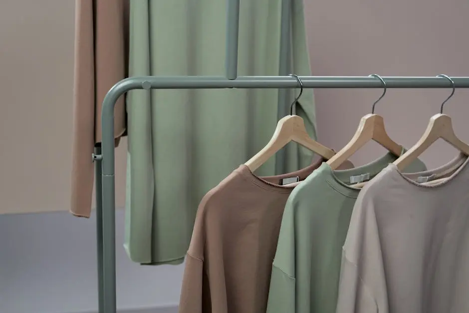 A stylish display of earth-toned sweaters on hangers in a studio setting.