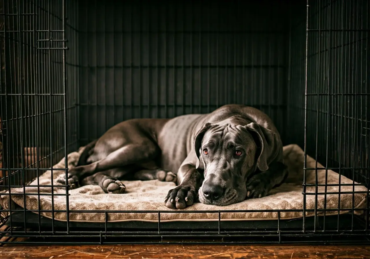 A cozy Great Dane resting in a spacious dog crate. 35mm stock photo