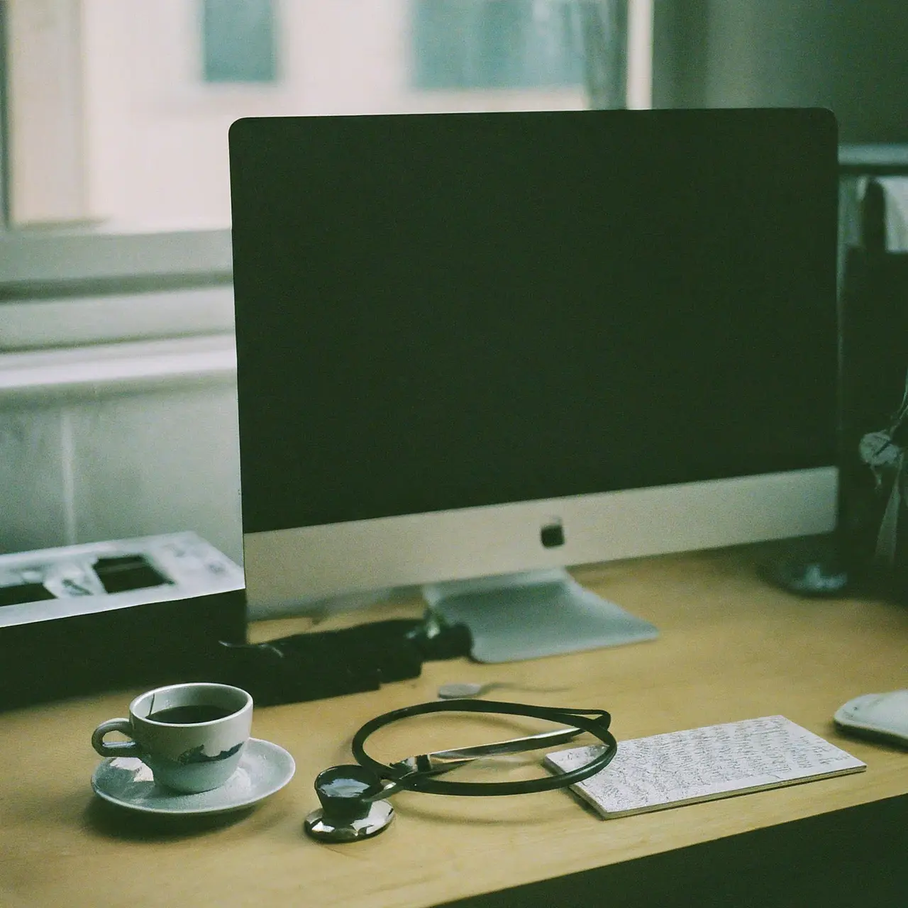 A computer with a stethoscope next to a coffee cup. 35mm stock photo