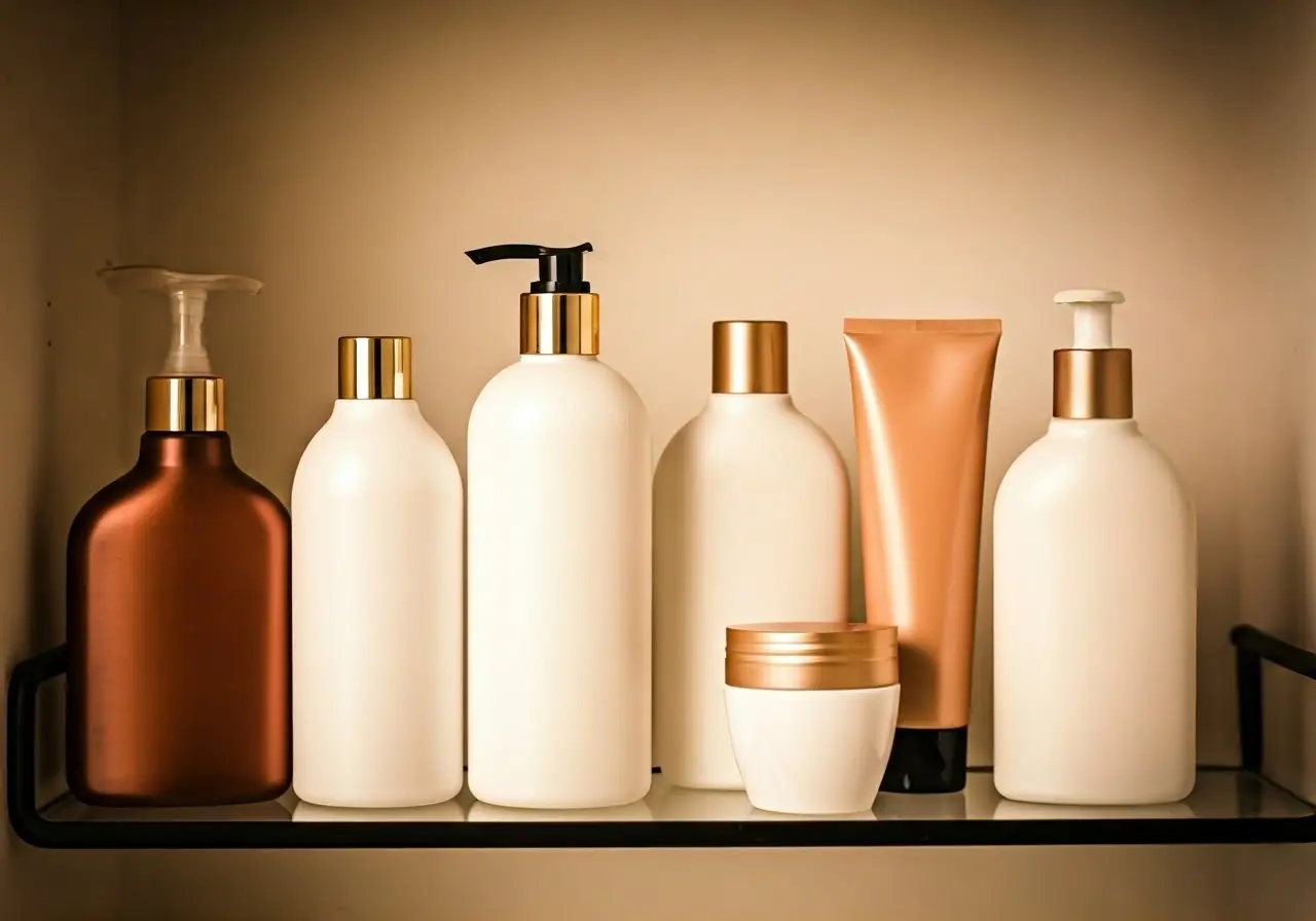 Variety of hair care products displayed on a bathroom shelf. 35mm stock photo