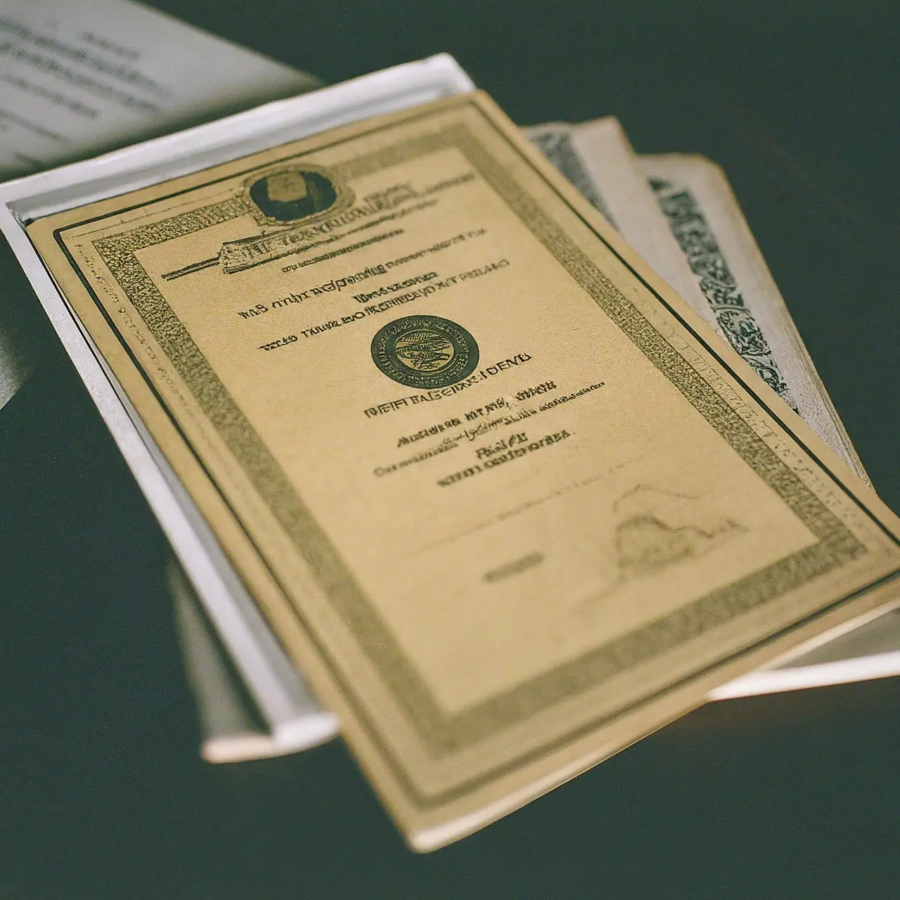 A stack of international education certificates and transcripts. 35mm stock photo