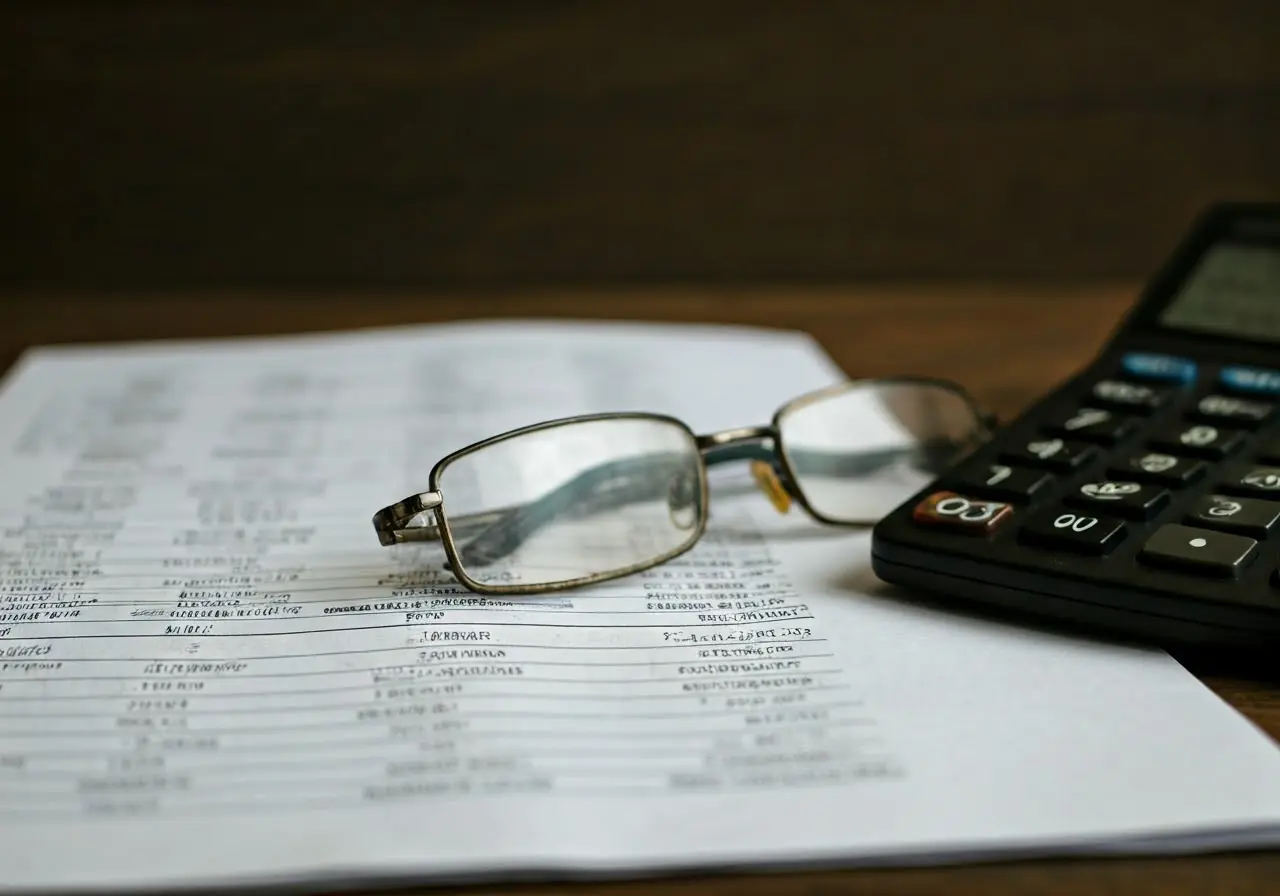 Close-up of financial statement with glasses and calculator. 35mm stock photo