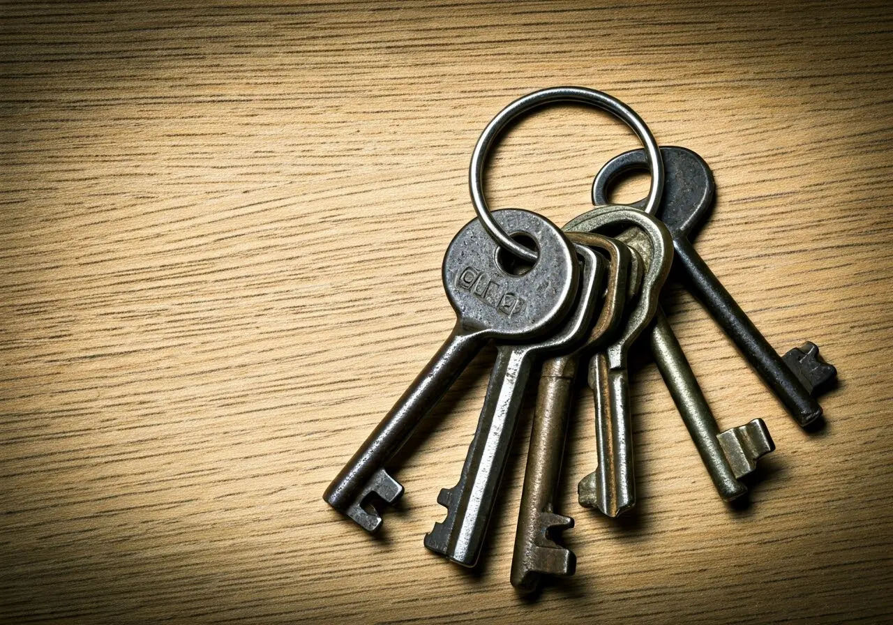 A keychain with old, weathered keys on a wooden surface. 35mm stock photo