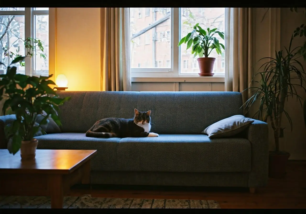 Cozy living room with a playful cat on the couch. 35mm stock photo