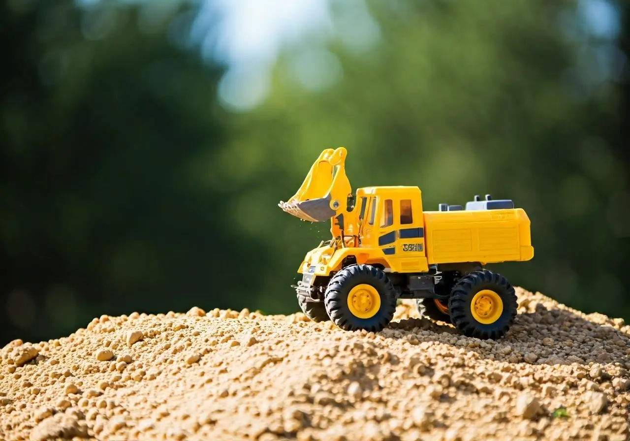 RC construction toy working on a dirt mound. 35mm stock photo