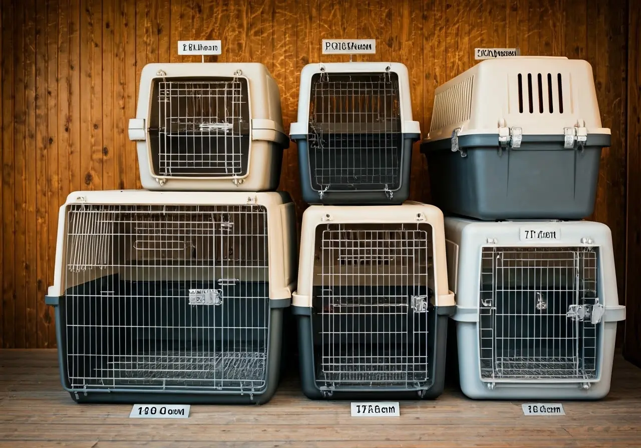 A variety of dog crates with labeled dimensions on display. 35mm stock photo