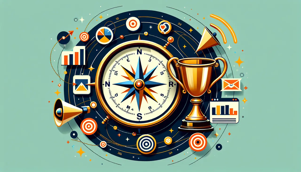 Draw a graphic in flat design style. Create an image of a stylized compass pointing towards a trophy, with abstract icons representing different marketing tools orbiting around it.