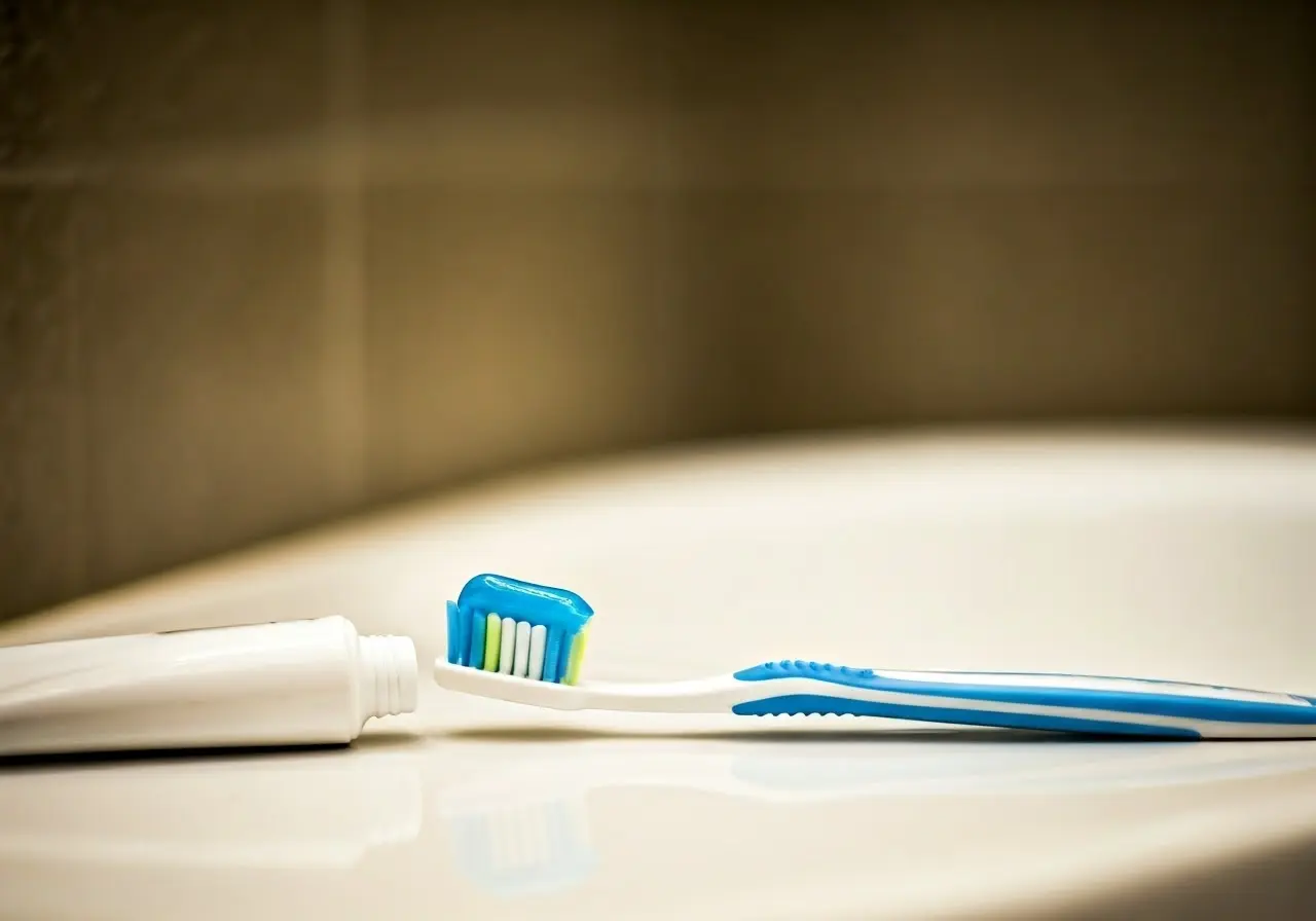 A toothbrush and toothpaste on a bathroom counter. 35mm stock photo