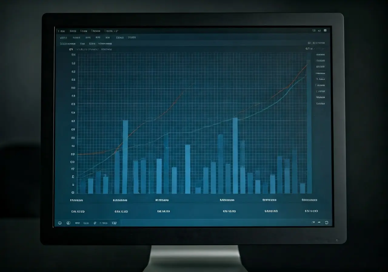 A computer screen displaying various graphs and charts. 35mm stock photo