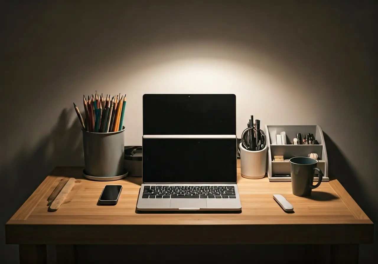 A neatly organized desk with hidden cables and accessories. 35mm stock photo