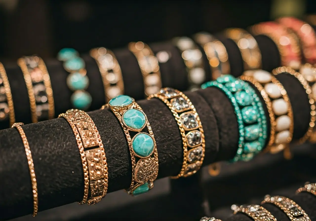 A close-up of various customizable bracelets on a display. 35mm stock photo