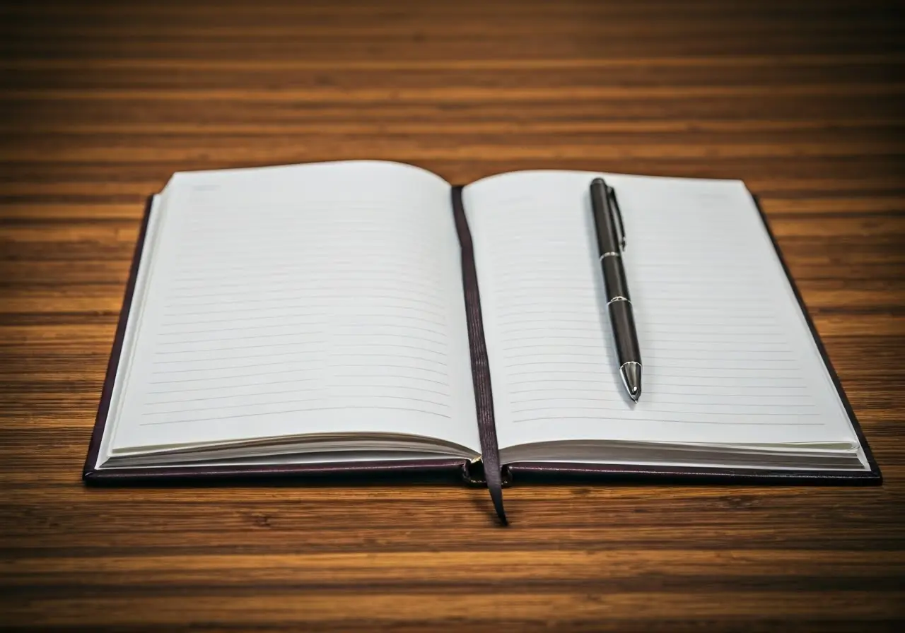 An open notebook and pen on a wooden desk. 35mm stock photo