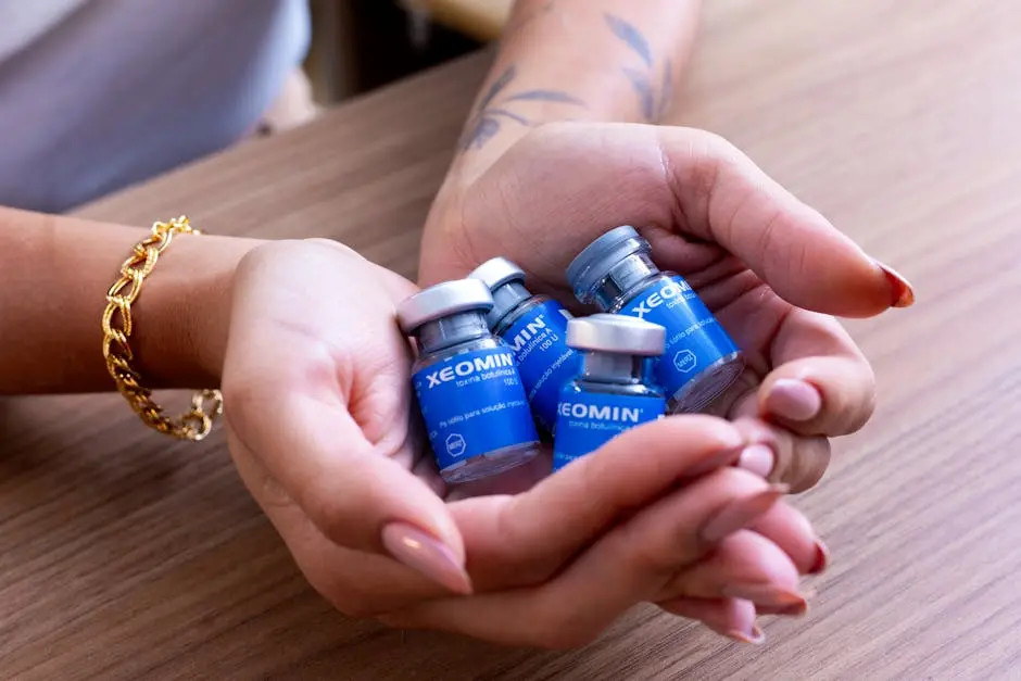 Female hands cradle Xeomin botulinum toxin bottles on a wooden table.