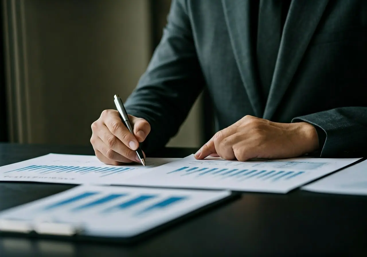 A business executive examining financial charts and reports. 35mm stock photo