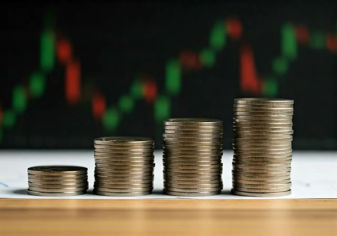 A stack of coins growing into larger piles with stock charts. 35mm stock photo