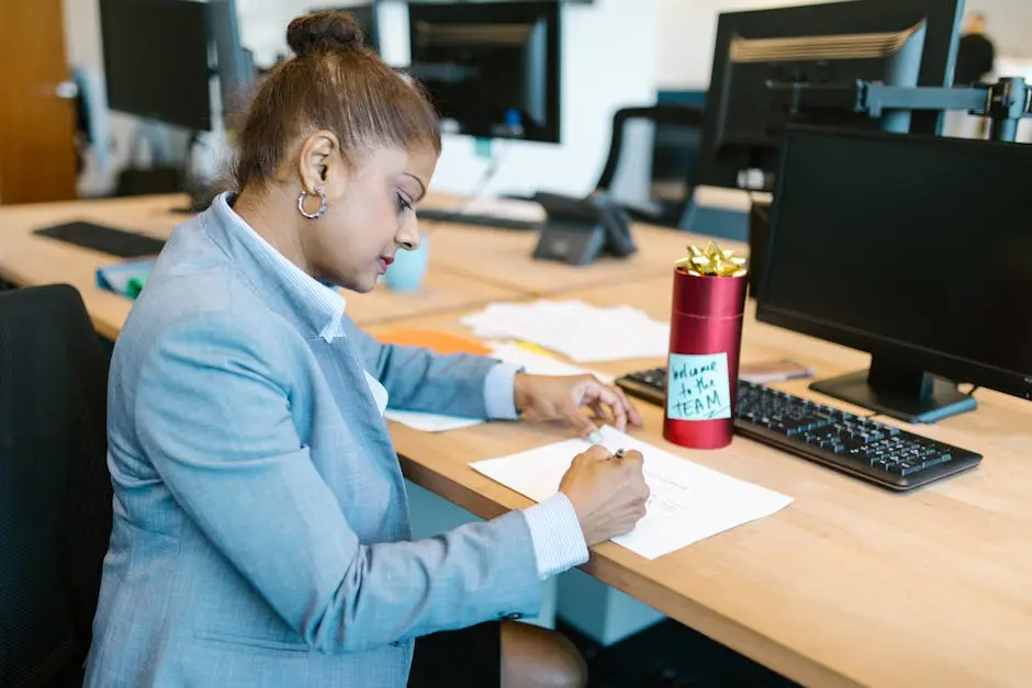 A focused woman working at her desk in a modern office setting with a welcome gift on display.