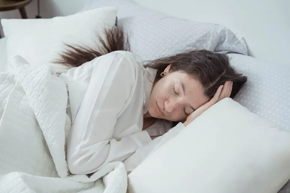 A serene woman rests comfortably in bed with soft pillows and blankets, embracing relaxation.