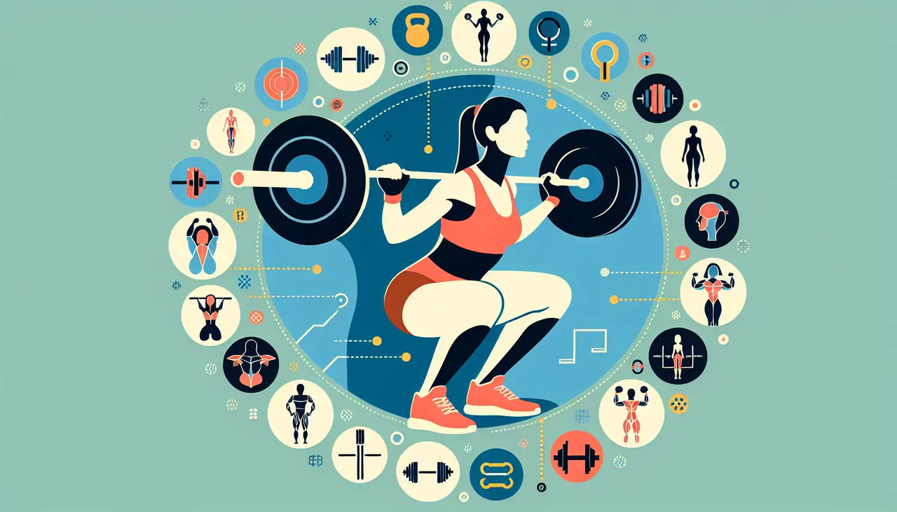 Draw a graphic in flat design style. Illustration of a person performing a squat surrounded by minimalistic icons of leg muscles and fitness equipment.