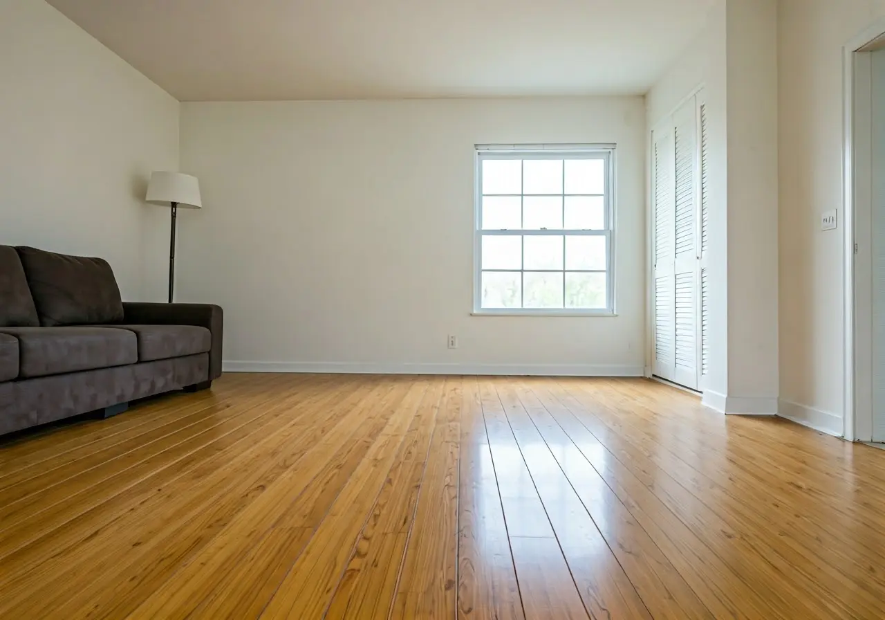 A dust-free, organized living room with shiny wooden floors. 35mm stock photo