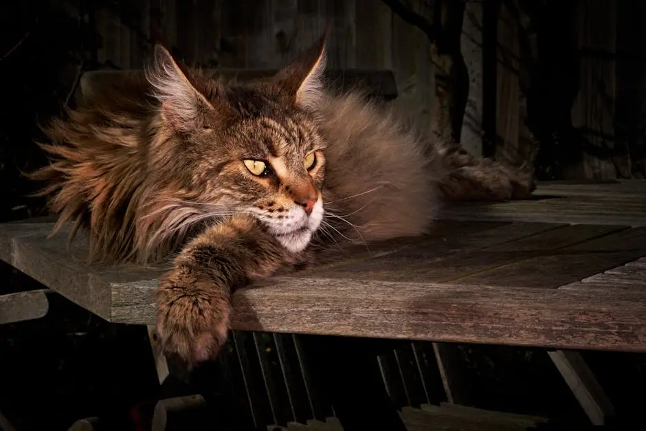 Close-up portrait of a Maine Coon cat lounging on a wooden table, highlighting its majestic fur and intense gaze.