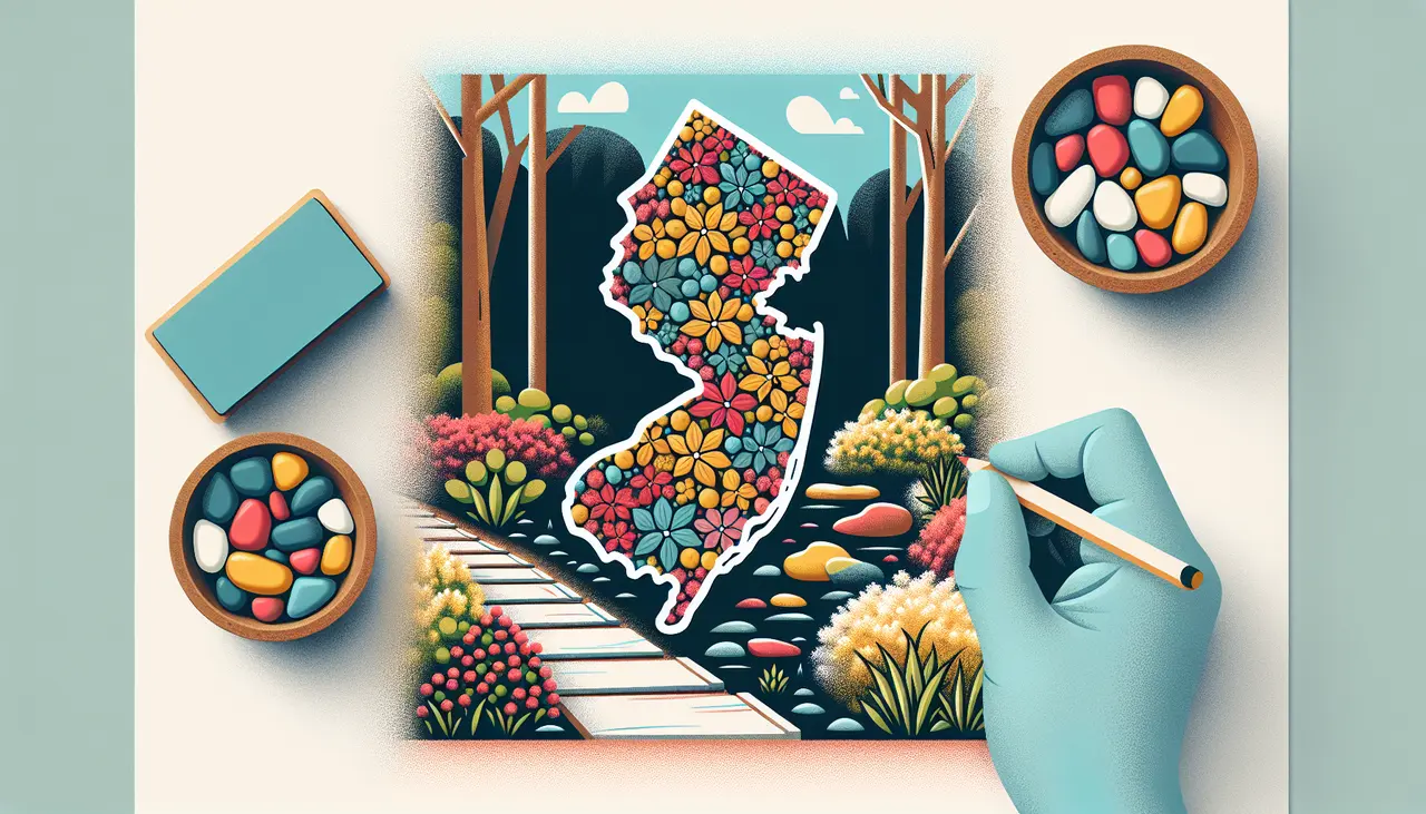 Draw a graphic in flat design style. A small pile of decorative pebbles near a garden path with a New Jersey map outline in the background.