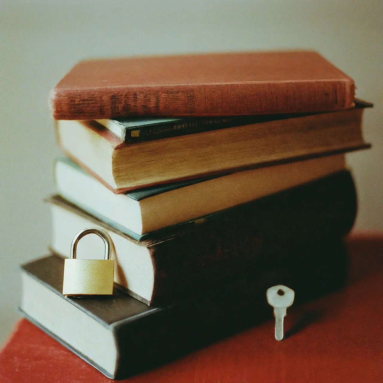 A stack of textbooks with a padlock and key. 35mm stock photo