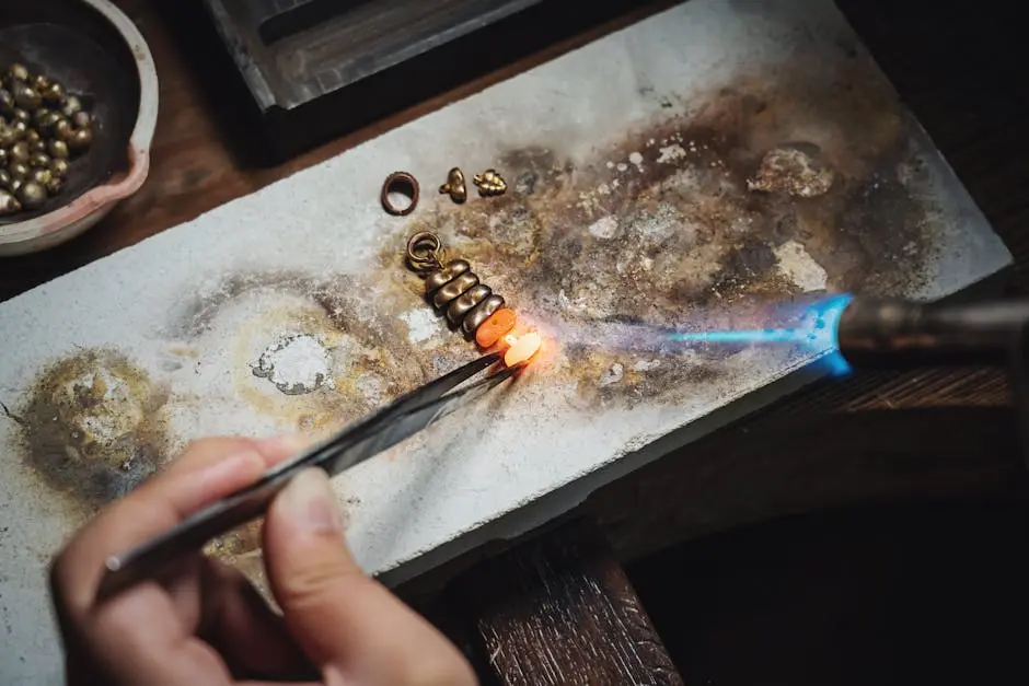 A skilled artisan using a blowtorch and pliers to craft handmade jewelry with precision.