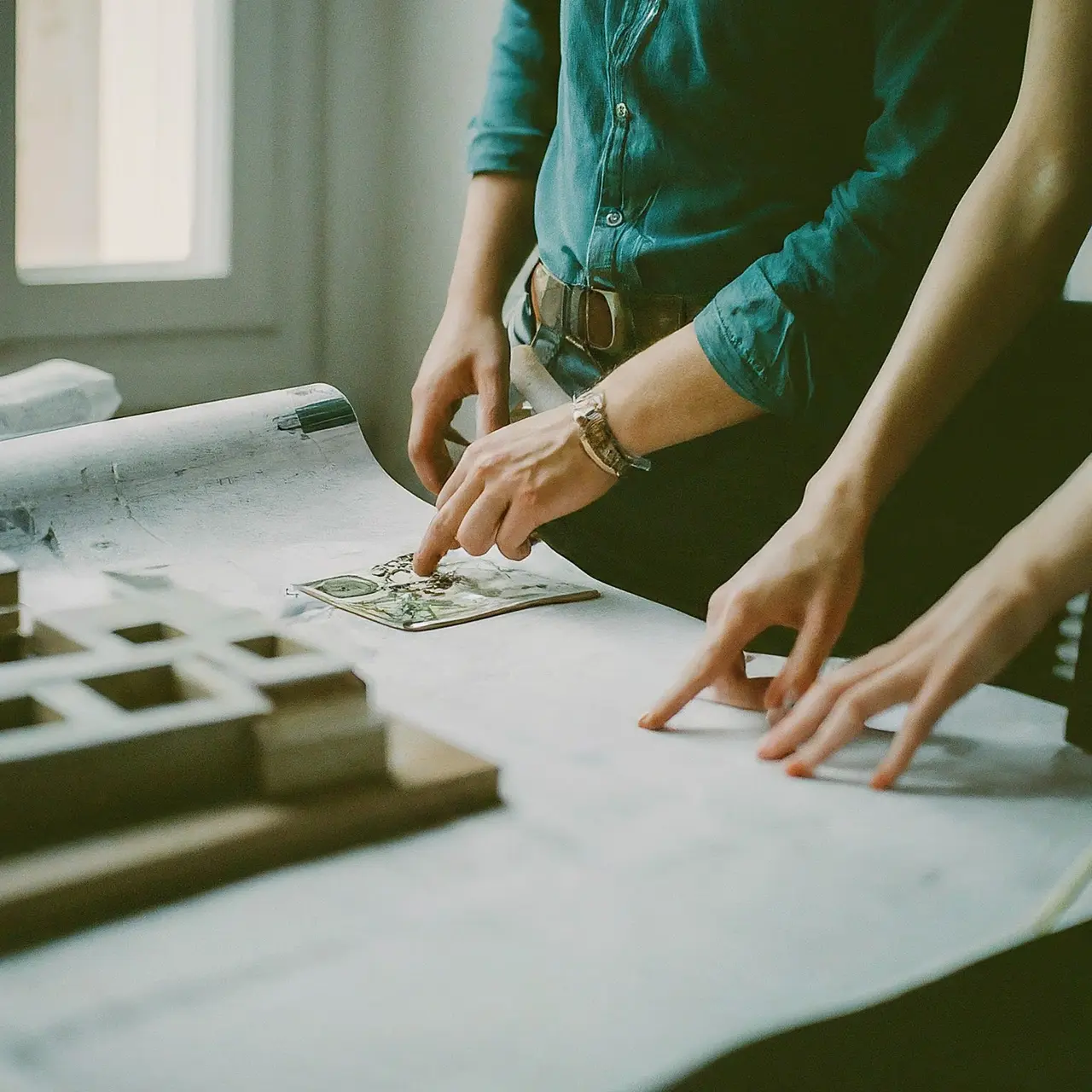 Architects planning with eco-friendly materials and blueprints. 35mm stock photo