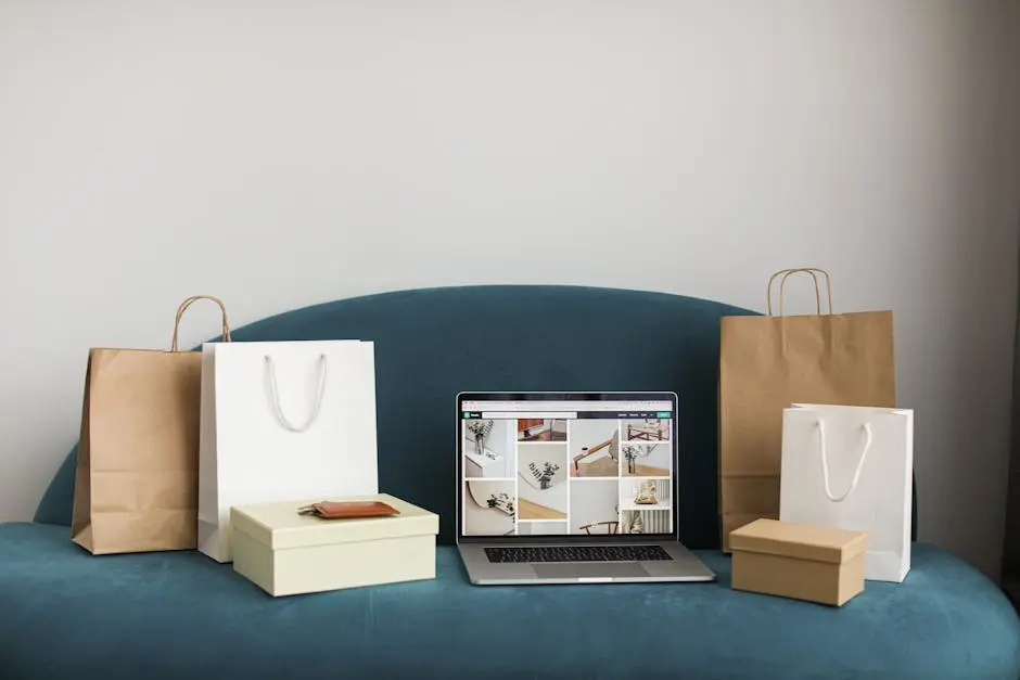 Macbook Pro With Shopping Bags and Boxes On Blue Couch